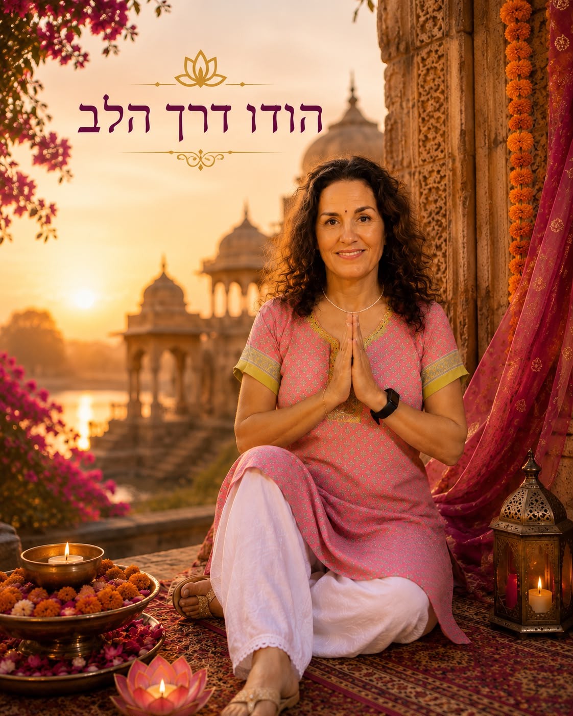 אושרת בתנוחת נמסטה מול ארמון הודי בשקיעה - הודו דרך הלב